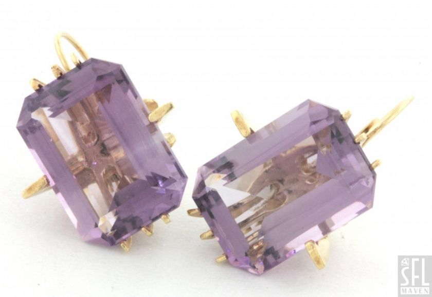 VINTAGE 14K GOLD UNIQUE ELEGANT JUMBO 34.0CT AMETHYST EARRINGS  