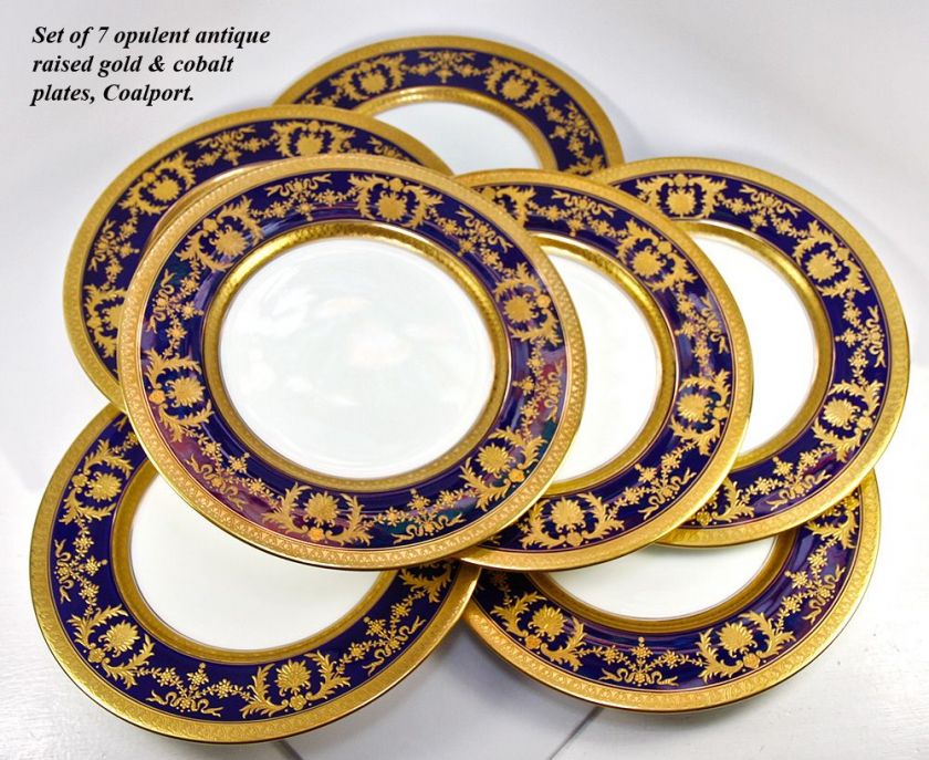   Coalport Dinner Plate Set, Raised Gold Enamel on Cobalt Blue, 7pc