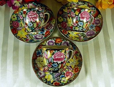 LOT OF 3 FIFTH AVENUE TEACUP & SAUCER GILT/FLORAL  