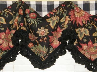   Swag VALANCE Window Treatment Plaid Black Red Jacobean Floral Tassels