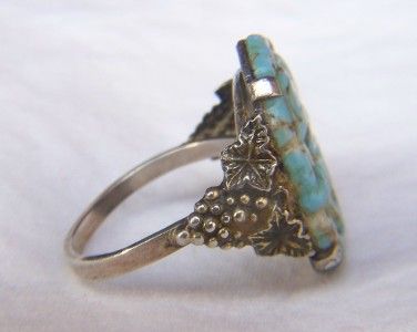   GORGEOUS~VINTAGE~NOVCO~STERLING~CARVED TURQUOISE~FROG~GRAPE VINE~RING