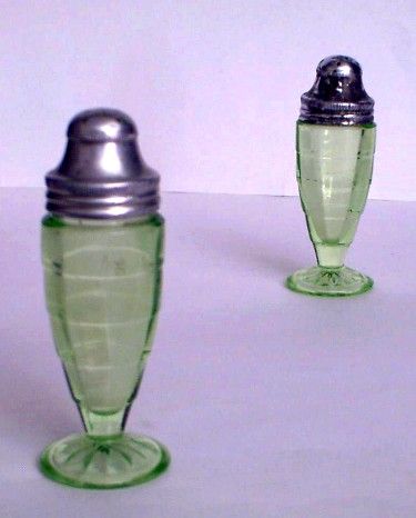 Salt & Pepper Shakers Block Optic Depression Vaseline Green  