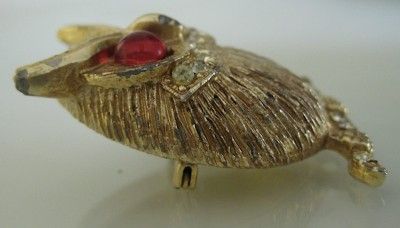 Vintage Gold toned Owl Brooch w/ Red Glass Eyes and Clear Rhinestones 