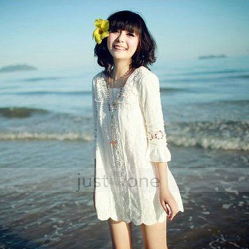  Lady Girl White Lace Flower Neck Crochet Mini Dress / Long Tops  