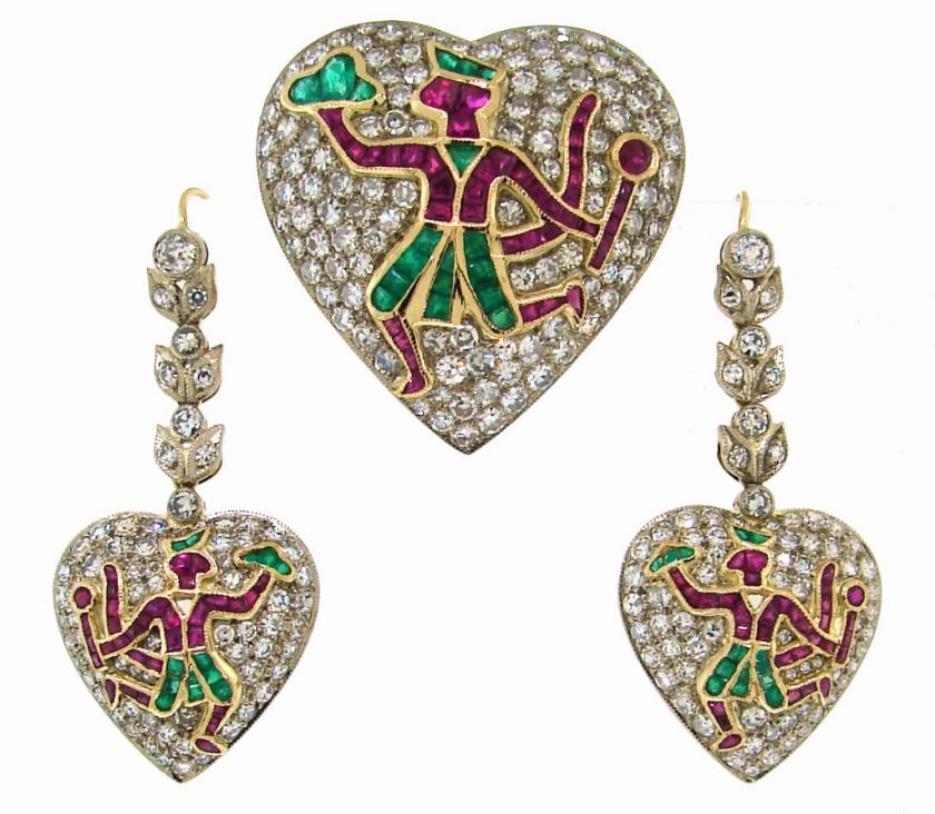 1930s Egyptian Revival GEMS DIAMOND EARRINGS & PIN  