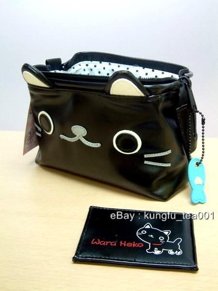 Japan Wara Heko Black Cat Cosmetic Bag Purse w/ Mirror  