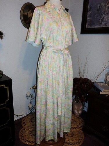 vtg 70s Floral Polyester Bell Sleeves Zip Maxi Dress L  