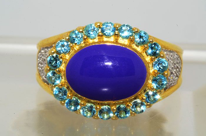 22CT PURPLE ENAMEL,BLUE TOPAZ & DIAMOND RING SIZE 7  