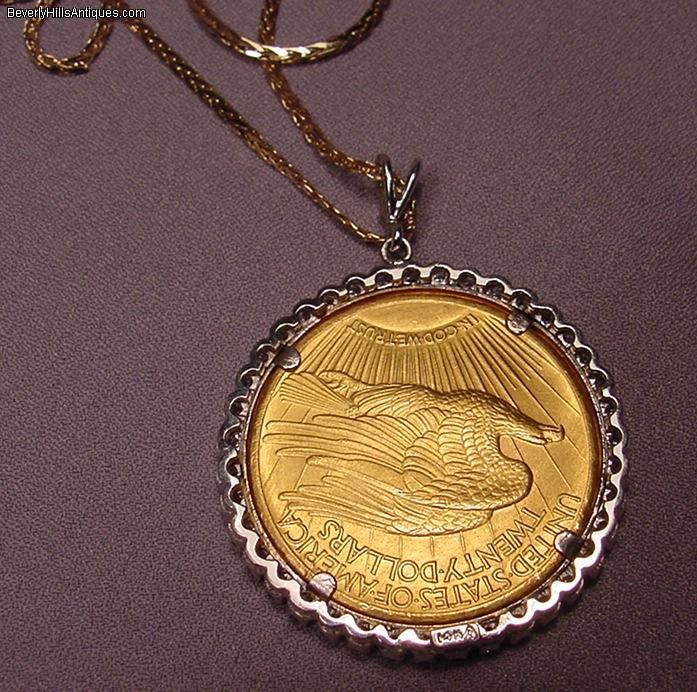 Beautiful 1928 $20 US Gold Coin in 41 Diamonds Bezel Necklace  