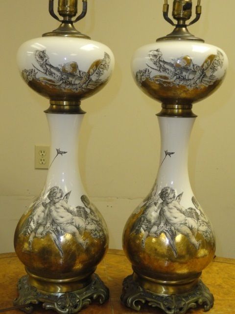 PAIR of PUTTI MOTIF DECALCOMANIA LAMPS  