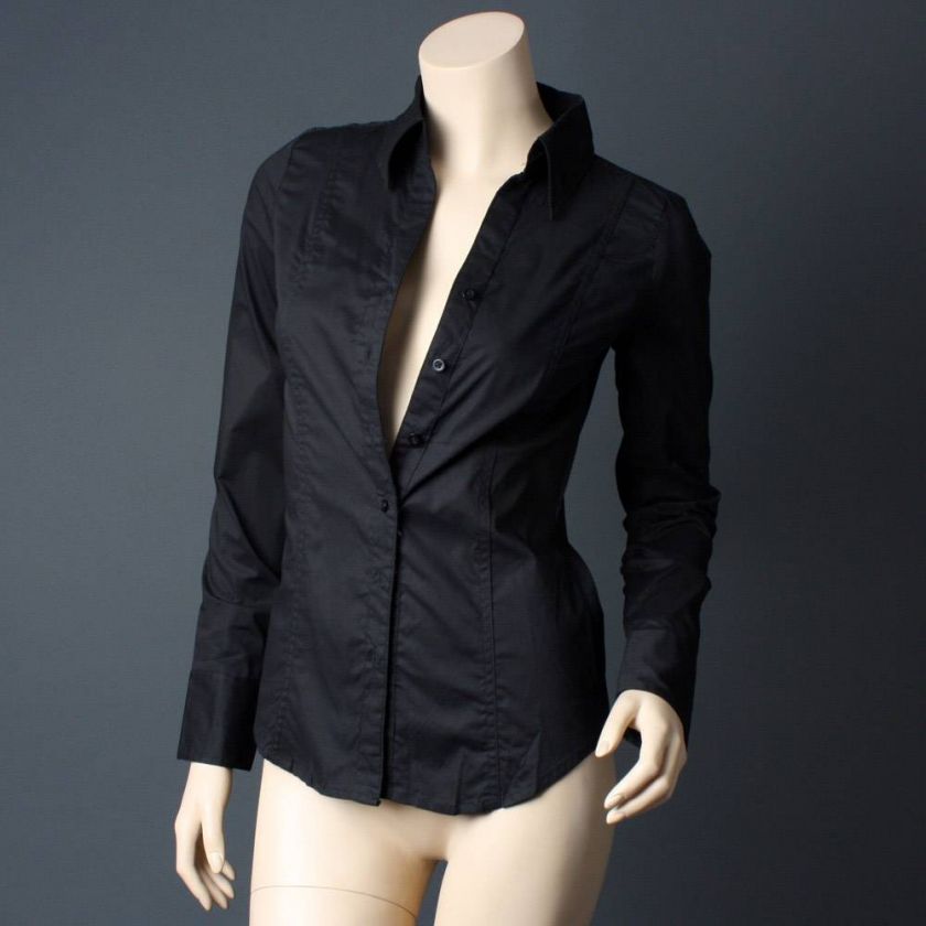 Vtg Style Womens Black Career Long Sleeve Button Down Shirt Blouse Top 