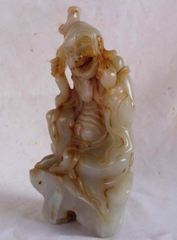 Old Chinese Kunlun Jade Carved Lohan Arhat Statue  