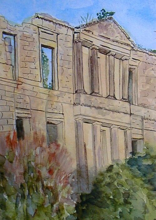 ORIGINAL WATERCOLOR PAINTING FRENCH RUINS DORIC COLUMNS  