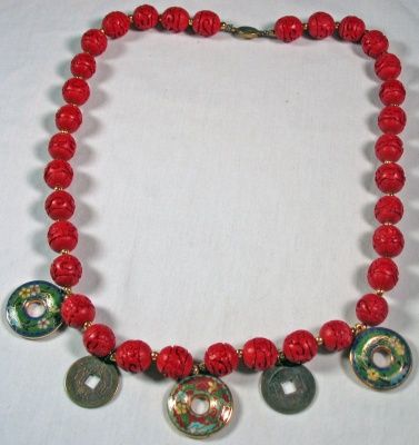 Cinnabar vintage beads, charms & Chinese coins necklace  