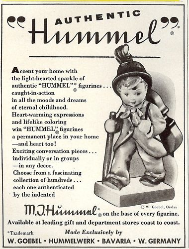 1956 M.J. HUMMEL Figurine AD print~boy w/cello ??  