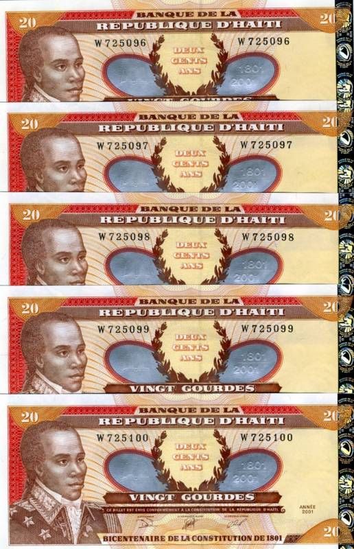 LOT, Haiti, 5 x 20 Gourdes, 2001, P 271A, UNC  