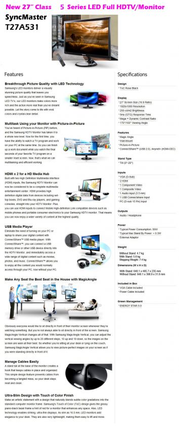   New SAMSUNG SyncMaster T27A531 27 Full HDTV LED Monitor LT27A531