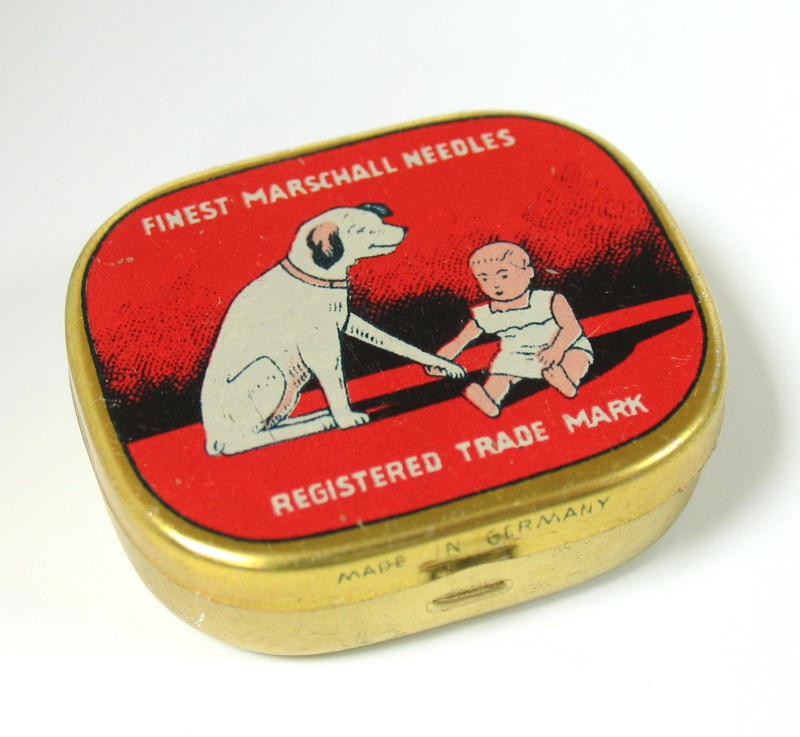 ANTIQUE PHONOGRAPH NEEDLE MARSCHALL DOG CHILD TIN BOX  