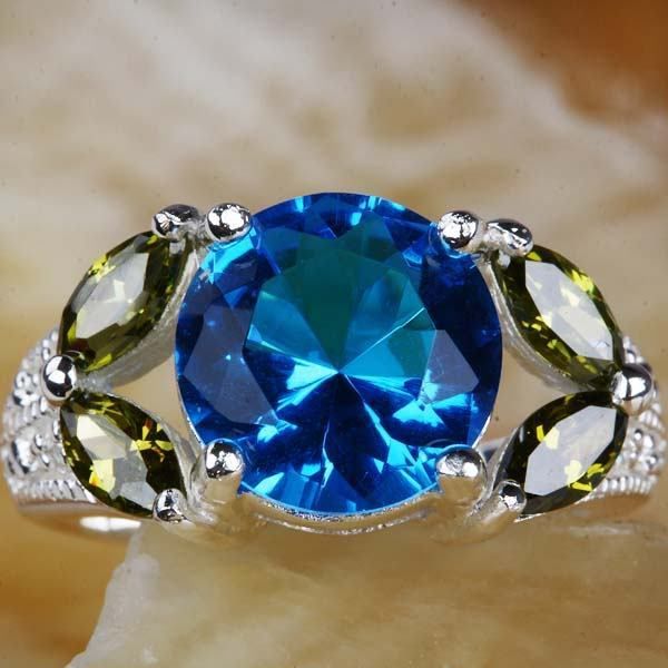 159A13 BLUE TOPAZ PERIDOT GEMS SILVER RING SIZE 6 F/S  