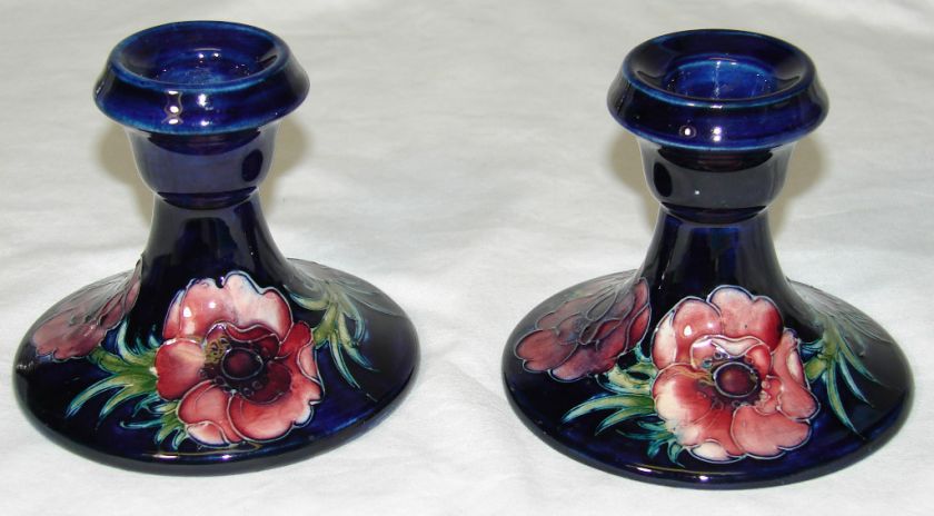 PAIR Vintage MOORCROFT Pottery ANEMONE Candlesticks  