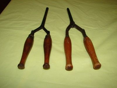 VINTAGE LOT OF TWO WOODEN HANDLE CURLING IRONS  