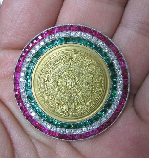 RARE RUBY EMERALD & DIAMOND AZTEC 18K + YELLOW GOLD PHOTO HOLDER 