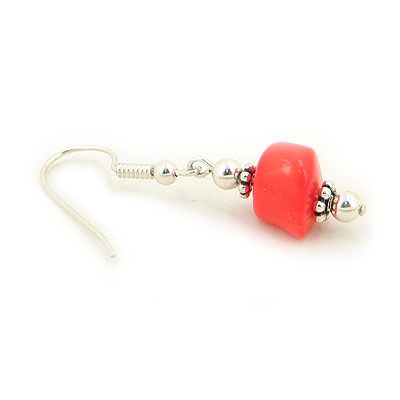 Chunky Salmon Coral Sterling Silver Dangle Earrings  