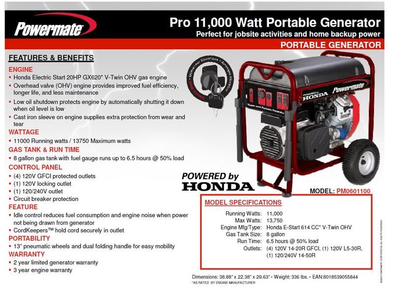   Watt Portable Generator Electric Start 20 HP Honda Engine #PM0601100