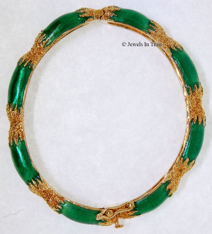 Ladies Bangle 14k Yellow Gold & Green Enamel Bracelet  