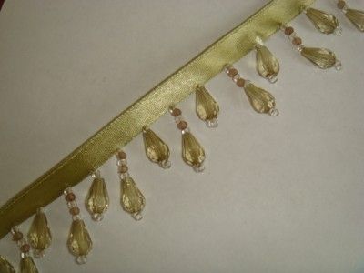 Yd sage satin ribbon eye drop beaded fringe trim 1 3/8 upholstery 