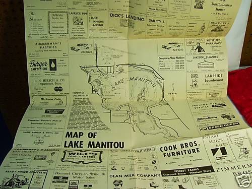 1950s Map of Rochester & Lake Manitou Indiana Fishing  