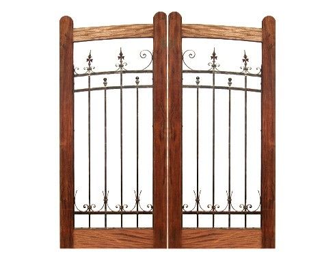 Curved Double Wooden Gate with wrought iron inserts and salvaged wood 