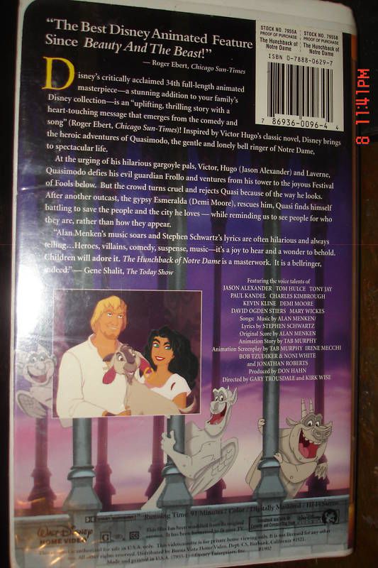 THE HUNCHBACK OF NOTRE DAME WALT DISNEY VHS MOVIE   