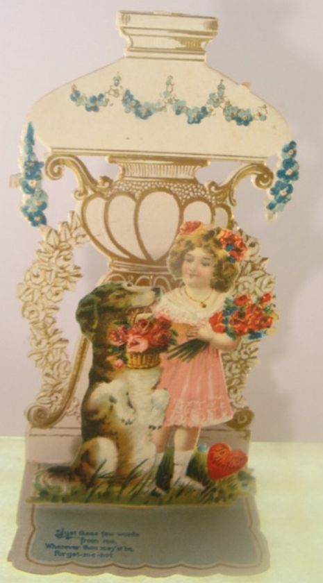 VALENTINE GIRL DOG LAMP CARD POP UP MULTI LAYER GERMAN DIECUT ANTIQUE 