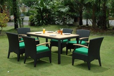 Bellagio 7pc Rattan & Teak Patio Furniture Table Set  