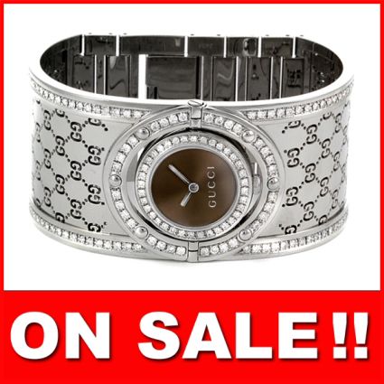 GUCCI LADIES DIAMOND TWIRL WIDE CUFF BRACELET WATCH  