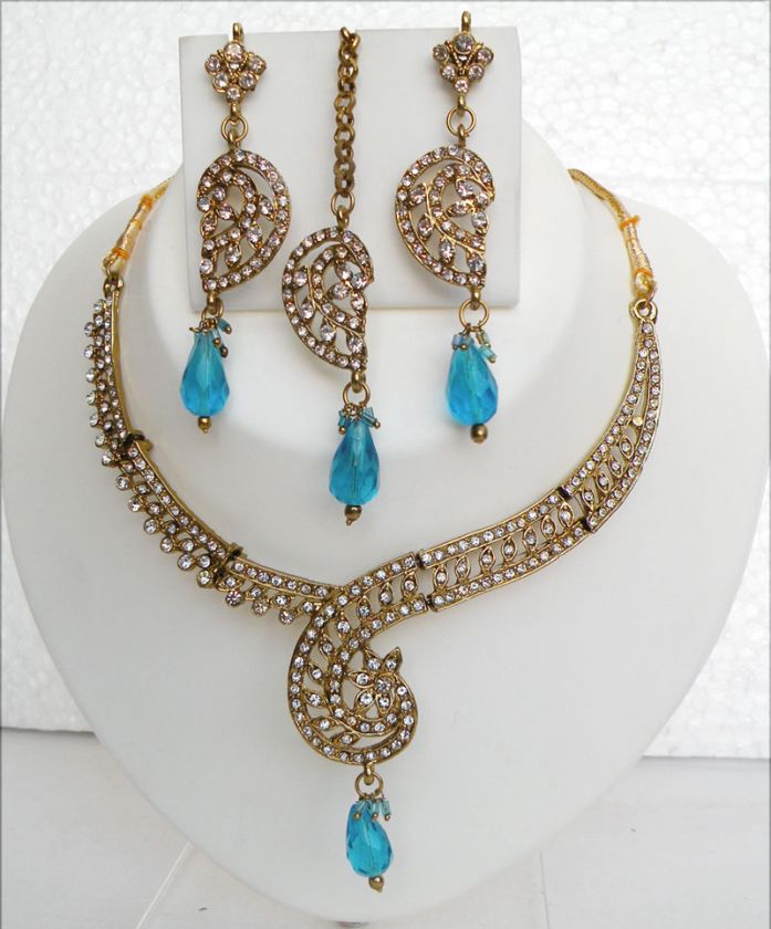   STYLE INDIAN GOLD TONE KUNDAN~CZ BRIDAL SARI JEWELRY NECKLACE SET NK87