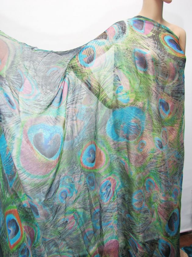   100% Real Silk Chiffon Fabric Peacock Print by the yard  