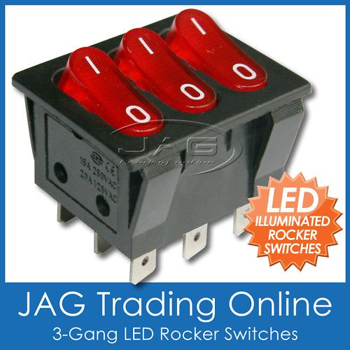 COMPACT RED LED 3 GANG ROCKER SWITCH PANEL BOAT/CARAVAN  