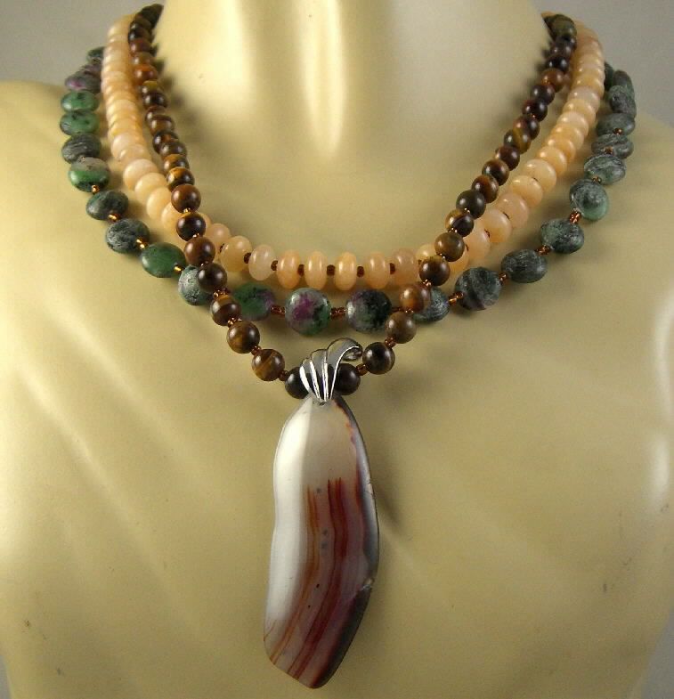 Strnd Tiger Eye Ruby Zoisite Calcite Pendant Necklace  