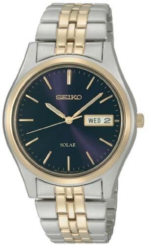 NEW SEIKO SNE034 MENS SOLAR TWO TONE BLUE DIAL WATCH, $195.00 LIST 