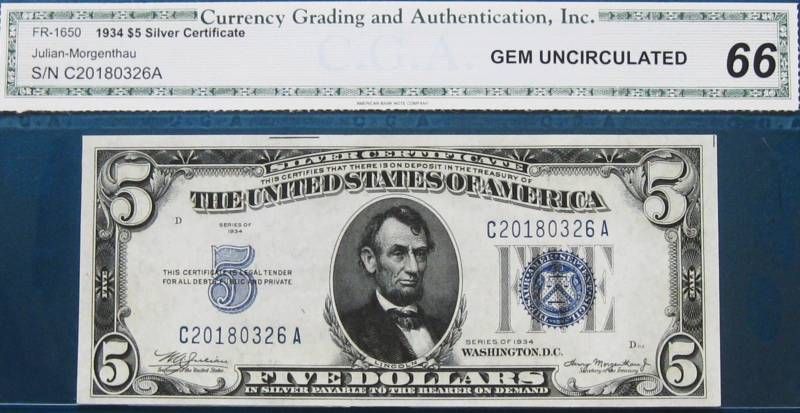 1934 $5 SILVER CERTIFICATE CGA GEM UNC 66 FR #1650  