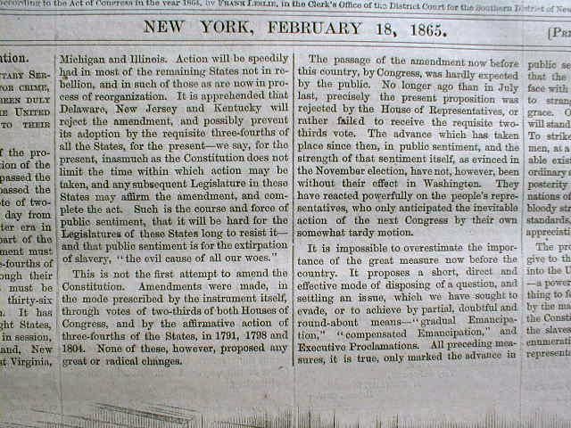   Civil War newspaper CONGRESS passes 13th AMENDMENT outlawing SLAVERY