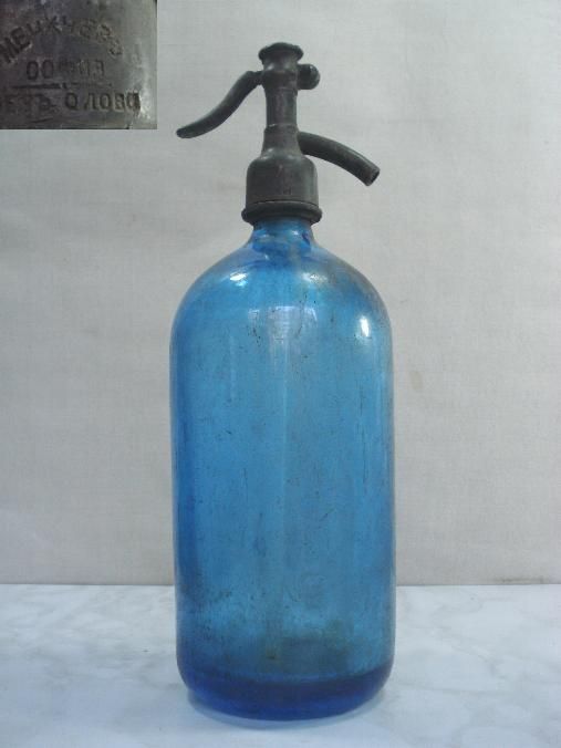 1920s ANTIQUE BLUE GLASS SODA SELTZER SYPHON BOTTLE  