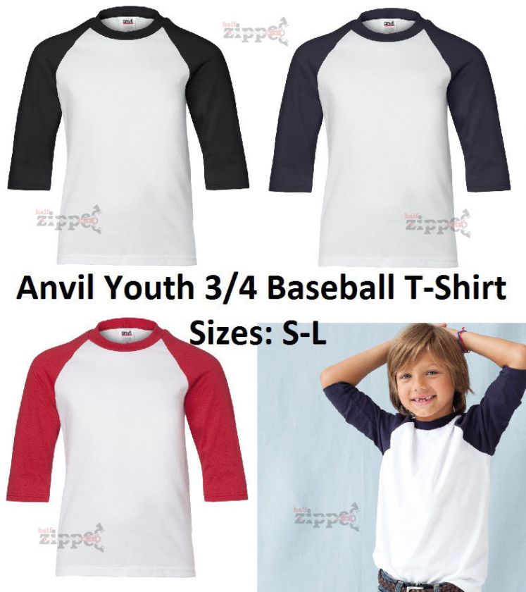 Anvil Youth 3/4 Sleeve Baseball Jersey T Shirt 2184B S L NEW  